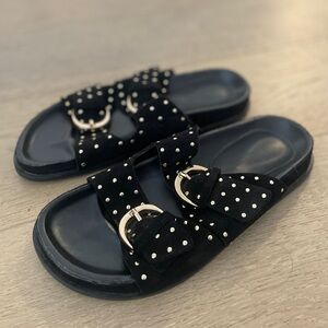 Black Studded Slide Sandals with Gold Buckles